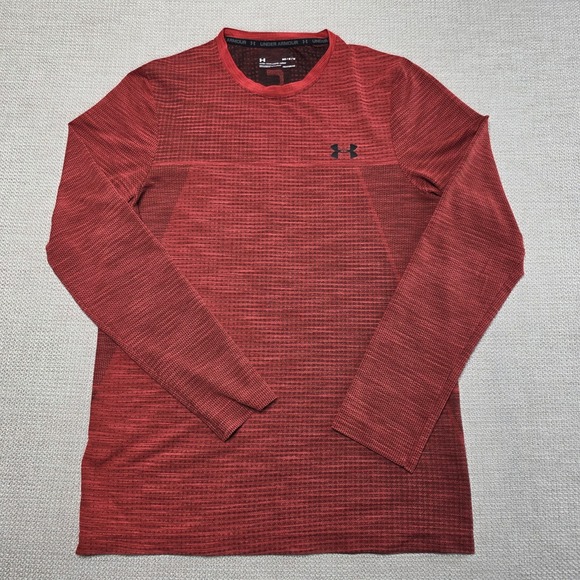 Under Armour Shirt Mens Mediun Heatgear Fitted Red Long Sleeve - Picture 2 of 7